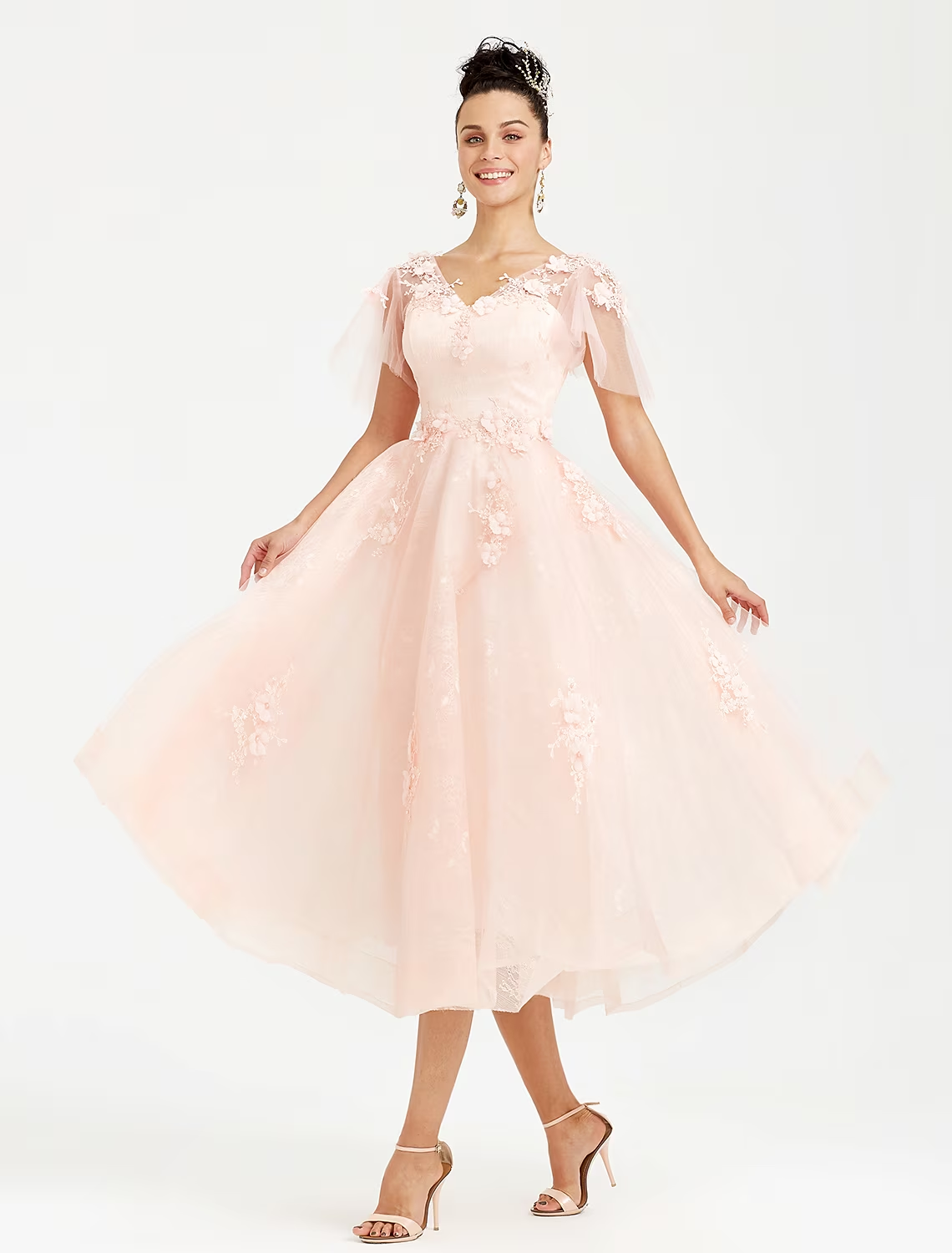 A-Line Prom Dresses Elegant Dress Wedding Guest Short Sleeve V Neck Tulle with Appliques