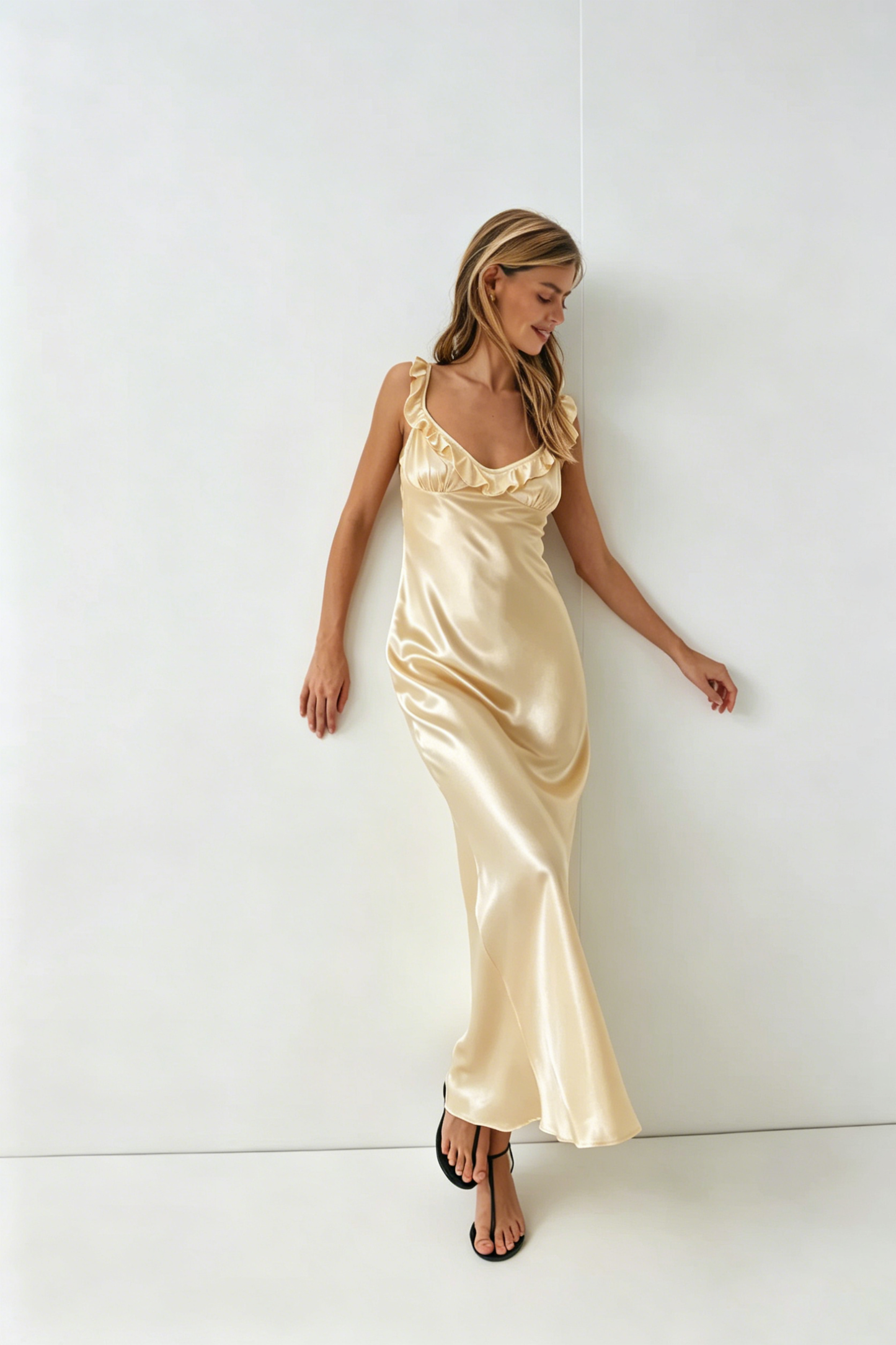 Romantic Satin Bias Cut Maxi Dress Sweetheart Neck Ruffle Strap Sleeveless Evening Dresses