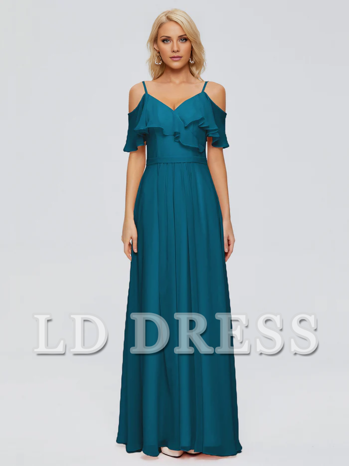 Off shoulder thin shoulder strap ruffled chiffon bridesmaid dress