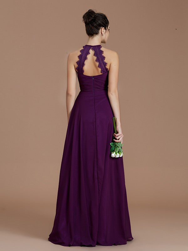 A-Line/Princess Halter Sleeveless Ruched Floor-Length Chiffon Bridesmaid Dresses