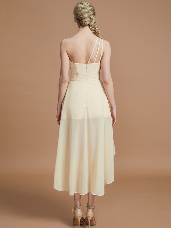 A-Line One-Shoulder Sleeveless With Layers Asymmetrical Chiffon Bridesmaid Dresses