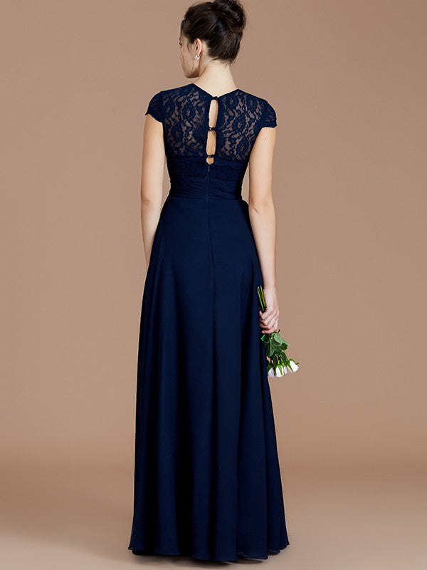 A-Line/Princess Jewel Short Sleeves Lace Floor-Length Chiffon Bridesmaid Dresses
