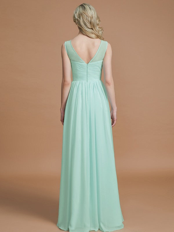 A-Line Scoop Sleeveless Floor-Length Chiffon Bridesmaid Dresses