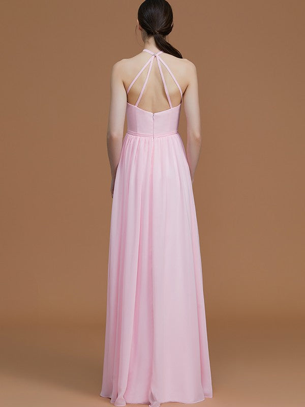 A-Line/Princess Halter Sleeveless Floor-Length Ruched Chiffon Bridesmaid Dresses