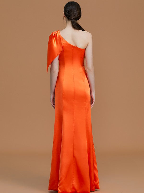 Trumpet/Mermaid One-Shoulder Sleeveless Floor-Length Ruched Woven Satin Bridesmaid Dresses