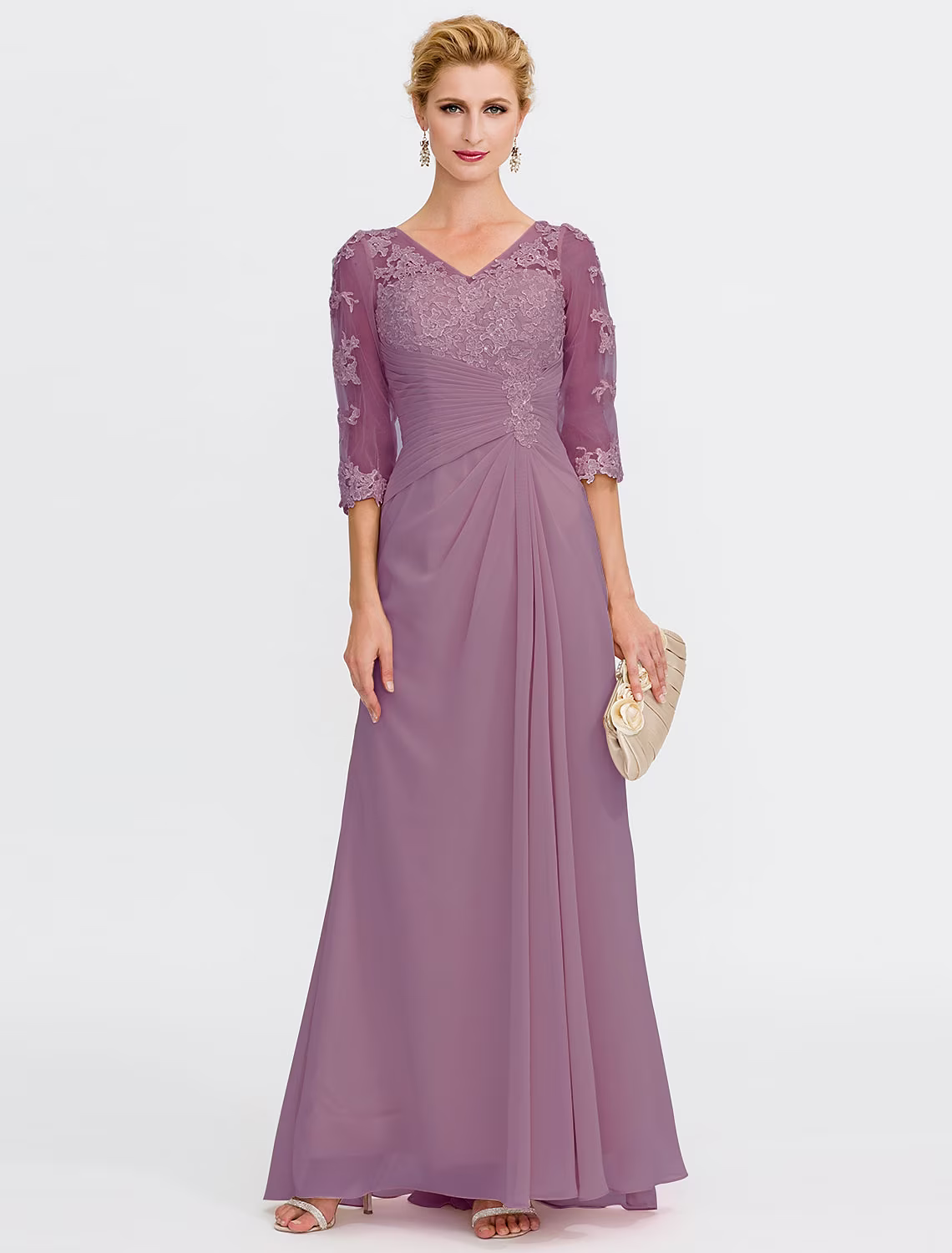A-Line Mother of the Bride Dress Plus Size Elegant V Neck Floor Length Chiffon Half Sleeve with Appliques Side Draping