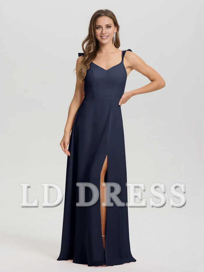 V-neck harness tie and chiffon slit bridesmaid dress