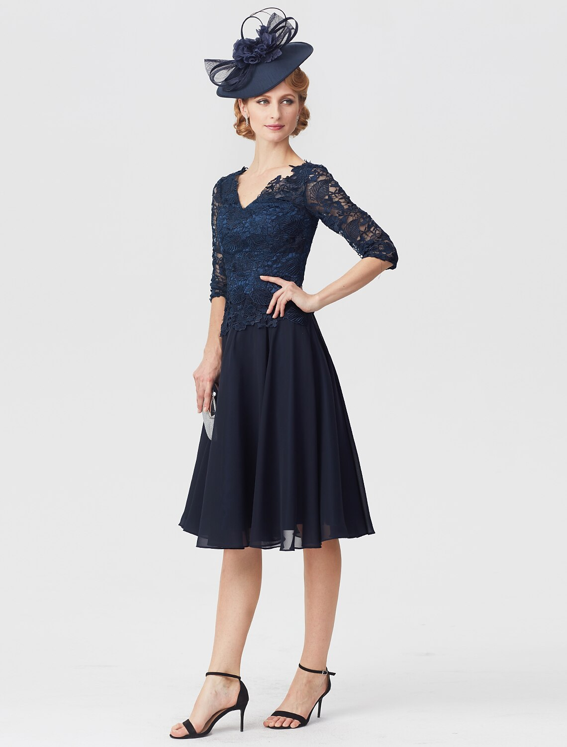 Mother of the Bride Dress Elegant V Neck Knee Length Chiffon Sheer Lace Half Sleeve with Lace
