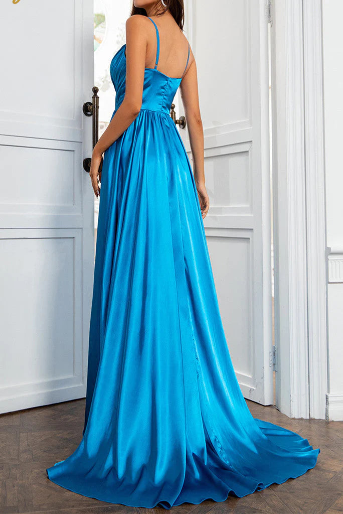 A Line Spaghetti Straps Satin Prom Dresses With Slit And Flounced