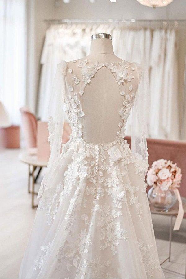 Elegant A-line V-neck long sleeved ivory sheer and floor length wedding dress