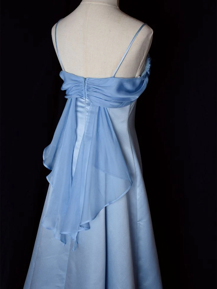 Airy Satin Cowl Neck Spaghetti Strap Chiffon Drape Back Floor-Length A-Line Prom Dress