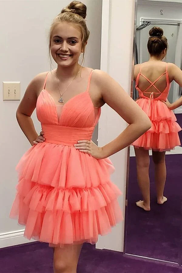 Airy Tulle Mini Fit Flare Spaghetti Strap V Neck Ruched Waist Multi Layer Tier Skirt Criss Cross Lace Up Back Homecoming Dresses