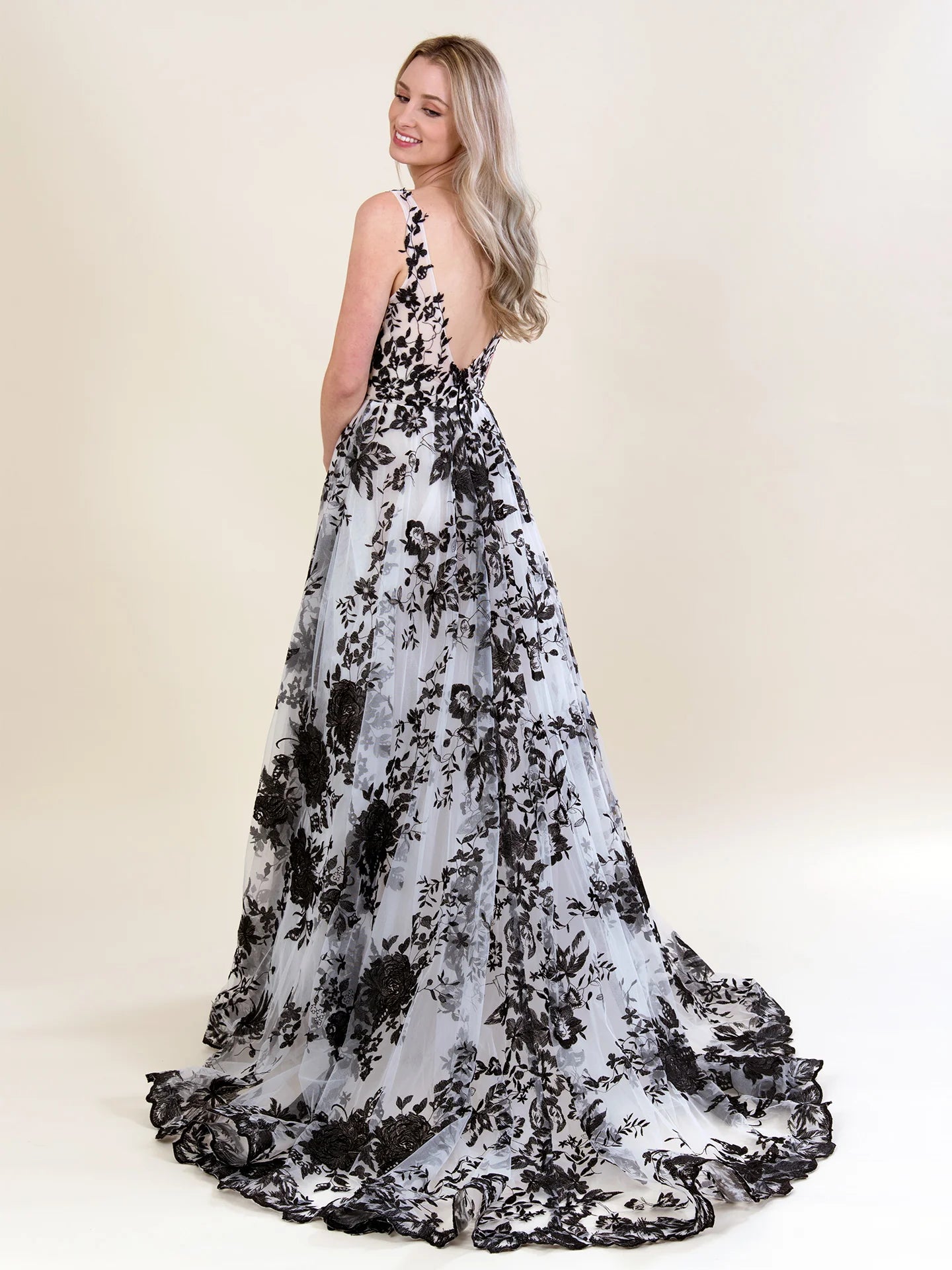 Artisan Floral Appliqué Sleeveless Plunge V Low Open Back Flowy Sheer Tulle Alternative Wedding Dress