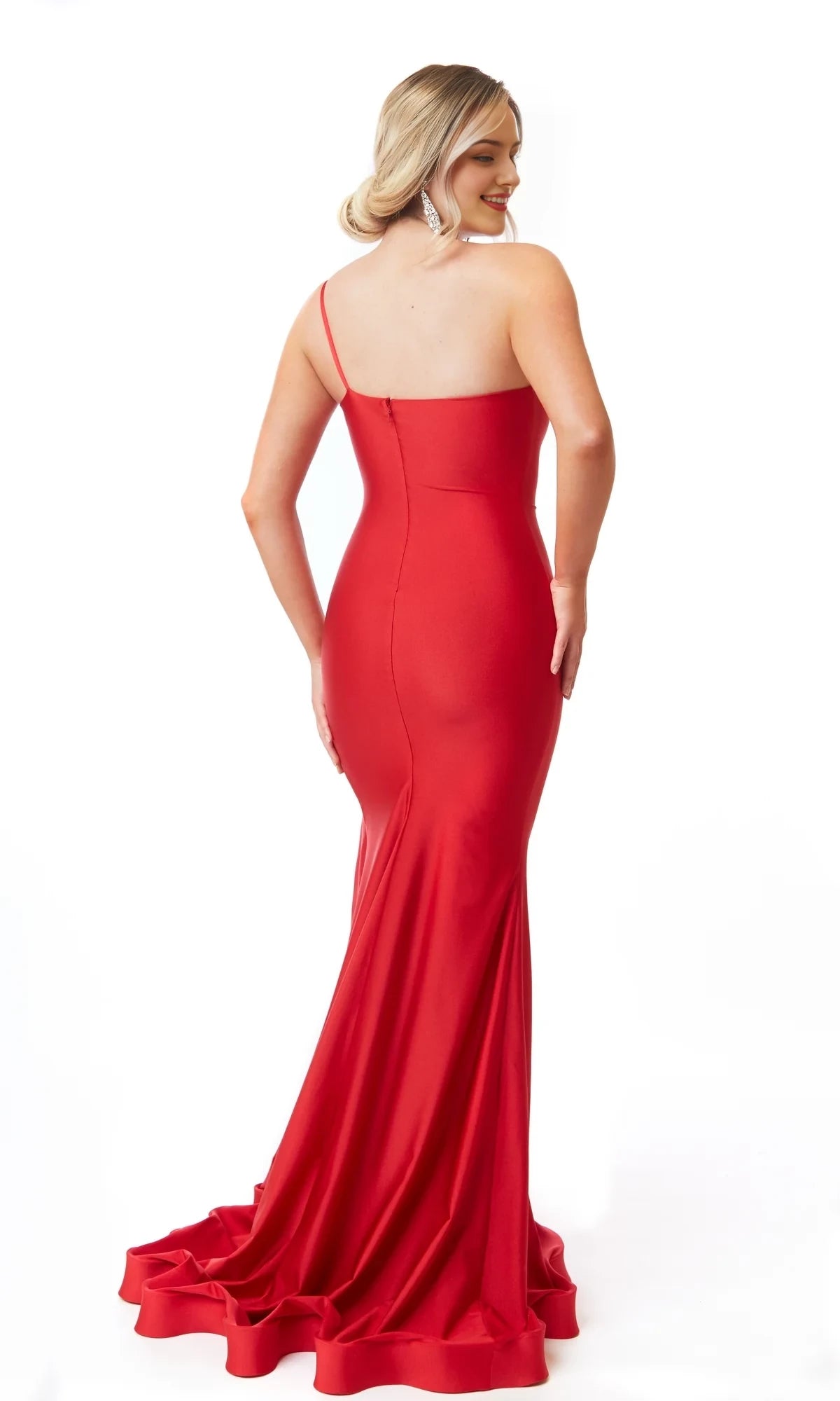 Asymmetric collar sleeveless thin shoulder strap exposed back side slit and floor length evening dress