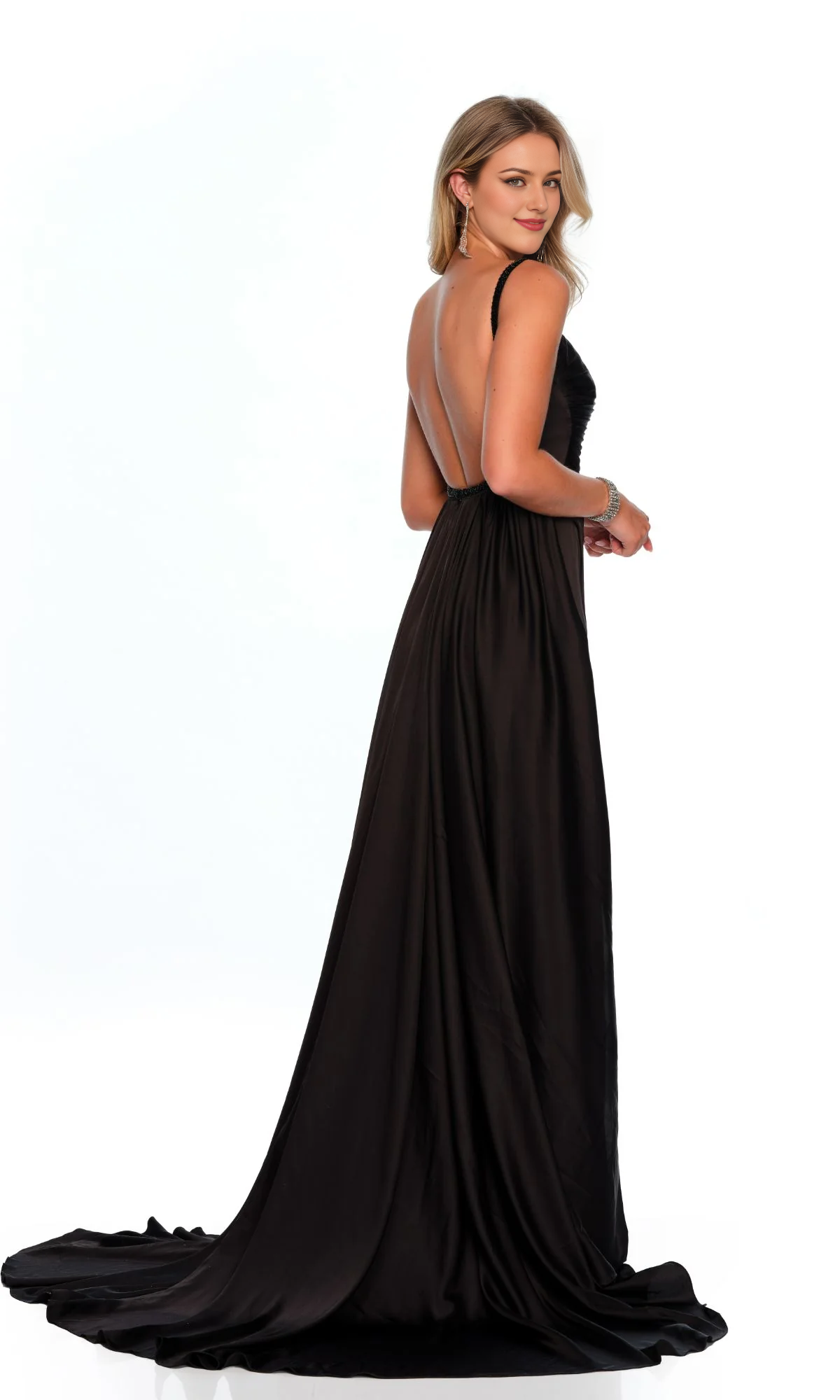 Asymmetric collar off shoulder sleeveless backless side slit and floor length evening dress