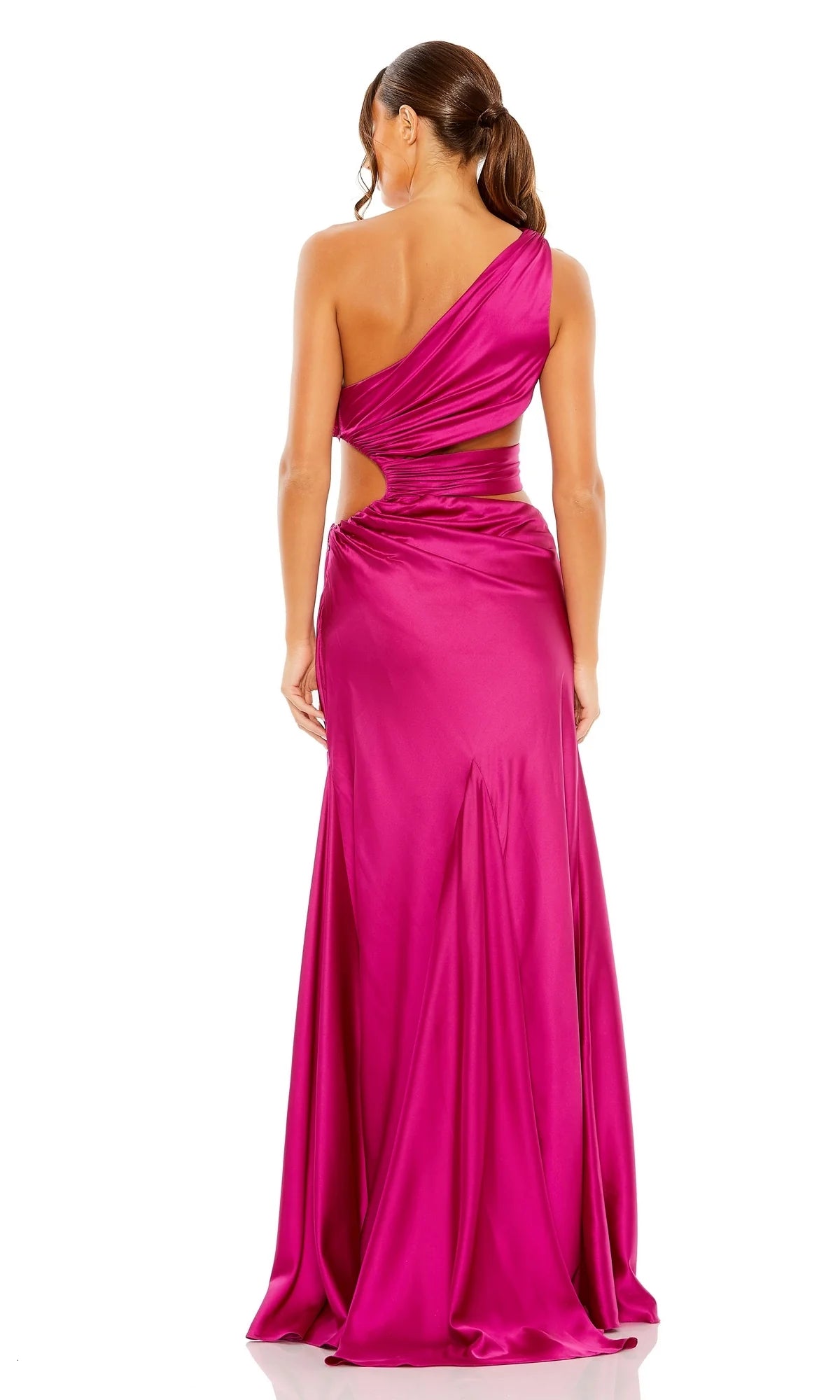 Asymmetric collar off shoulder sleeveless hollowed out side backless side slit and floor length evening dress