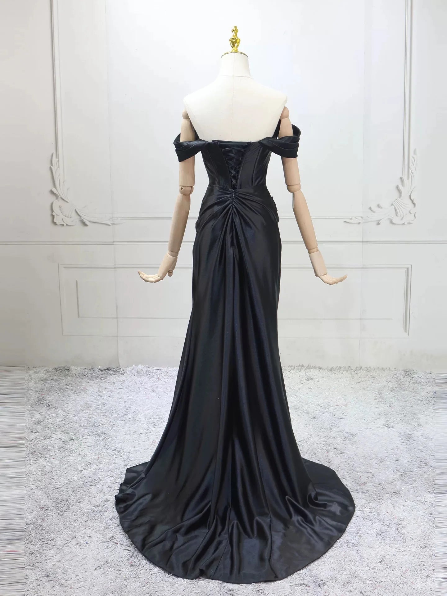 Black Satin Mermaid Off-the-Shoulder Corset Back Floor-Length Prom Dress
