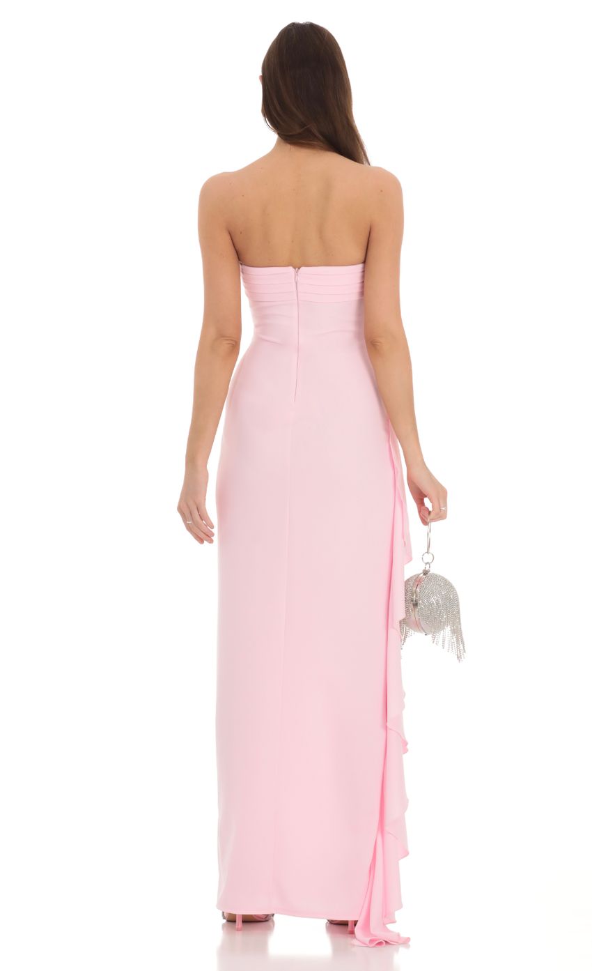 Blush Pink Strapless Jersey Evening Dress with Ruched Bodice & Asymmetric Ruffled Hem