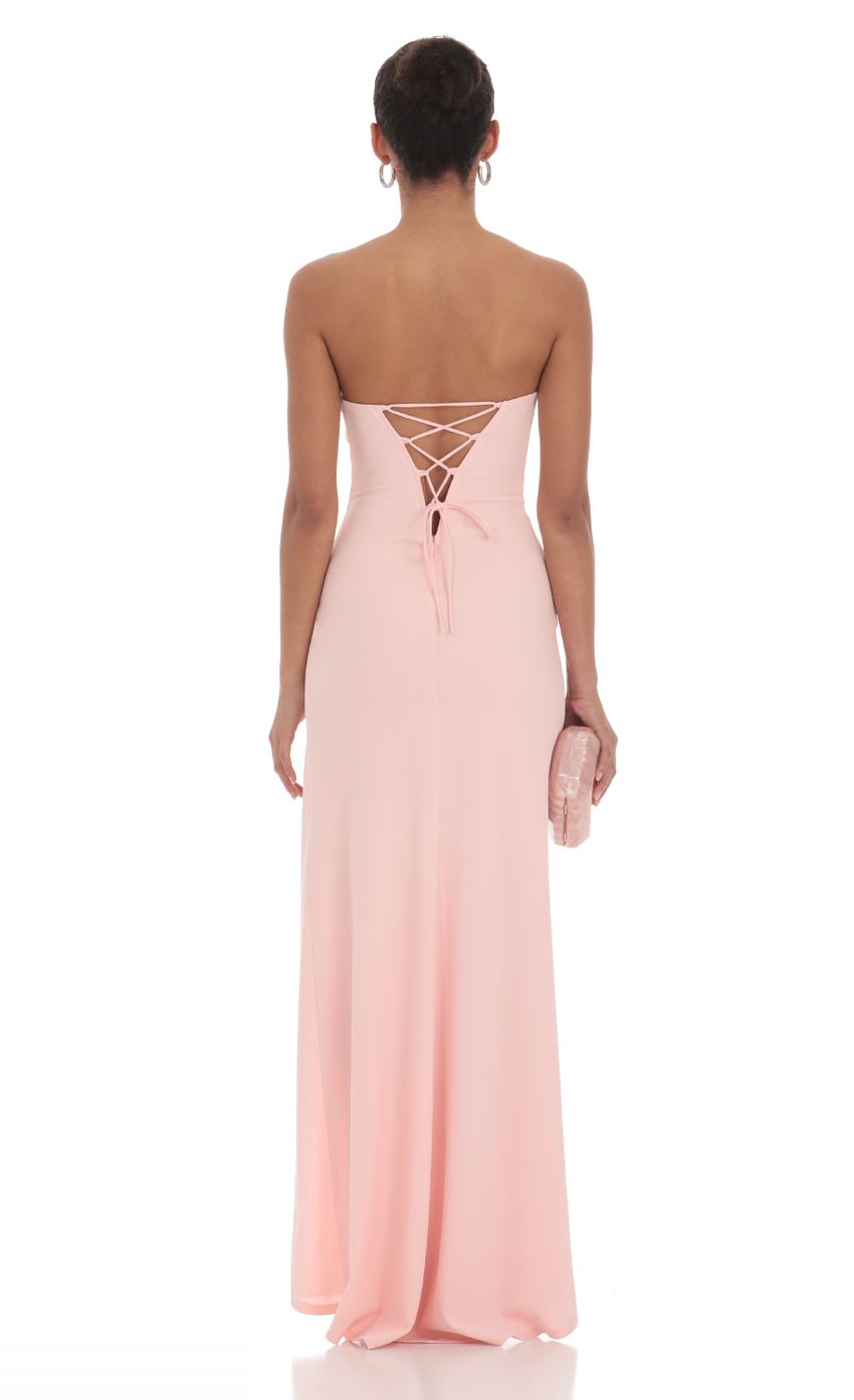 Blush Pink Strapless Jersey Evening Dress with Ruched Bodice & Lace-Up Back