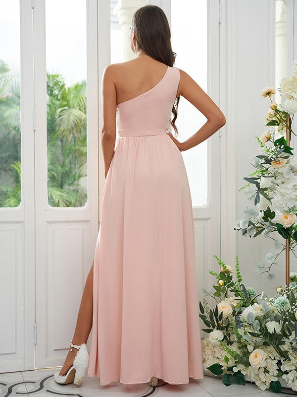 Blush Pink A-line One Shoulder Ruched High Slit Floor Length Chiffon Bridesmaid Dress