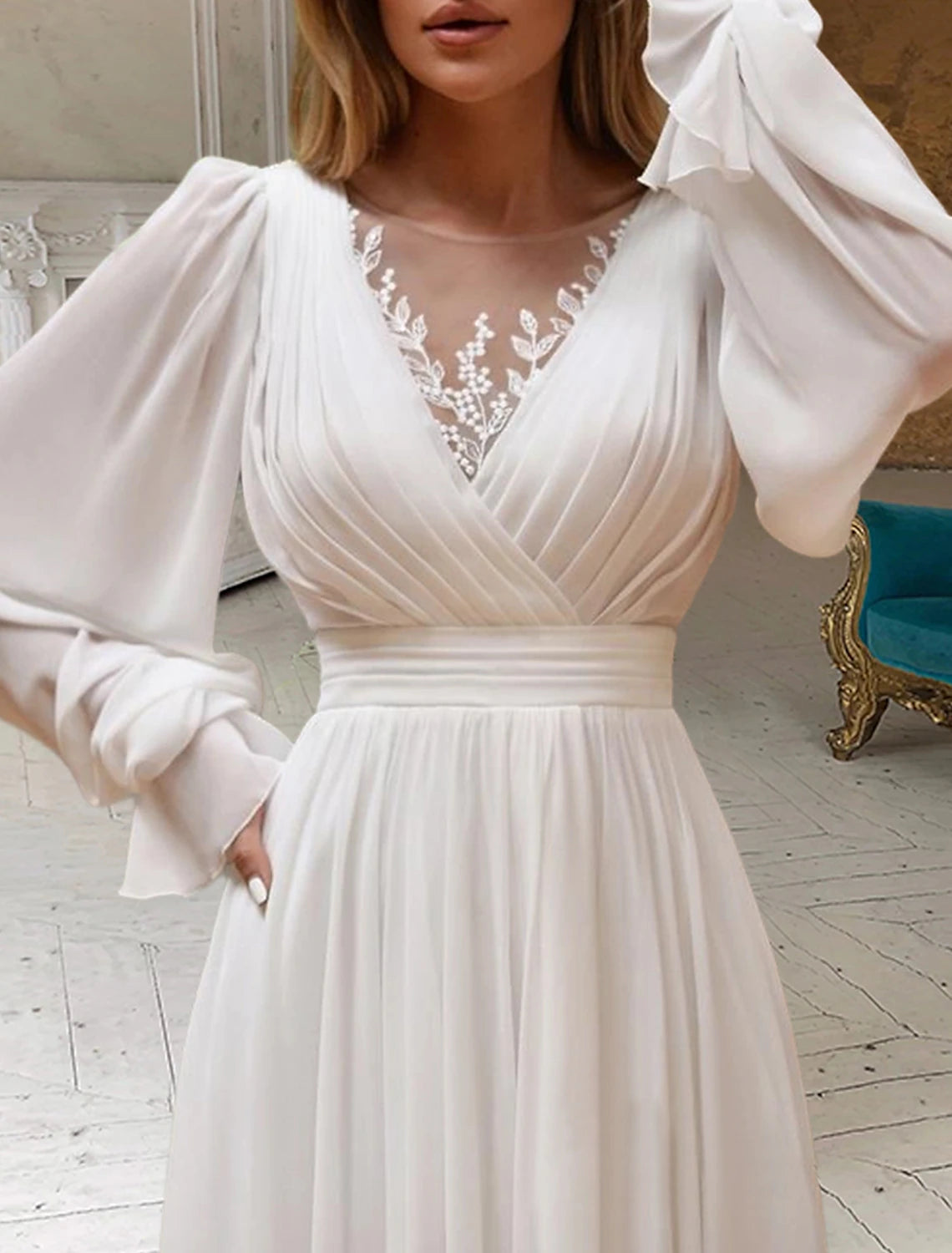 Bohemian A-line V Neck Long Puff Sleeve High Slit Floor Length Chiffon Wedding Dress