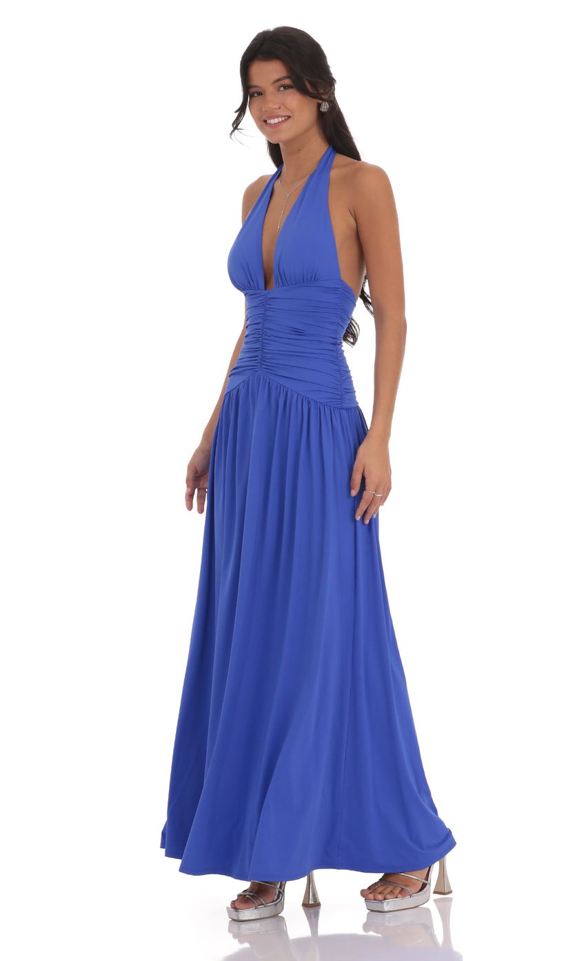 Bold Royal Blue Halter Evening Dress with Plunge Neck, Ruched Bodice & Open Back