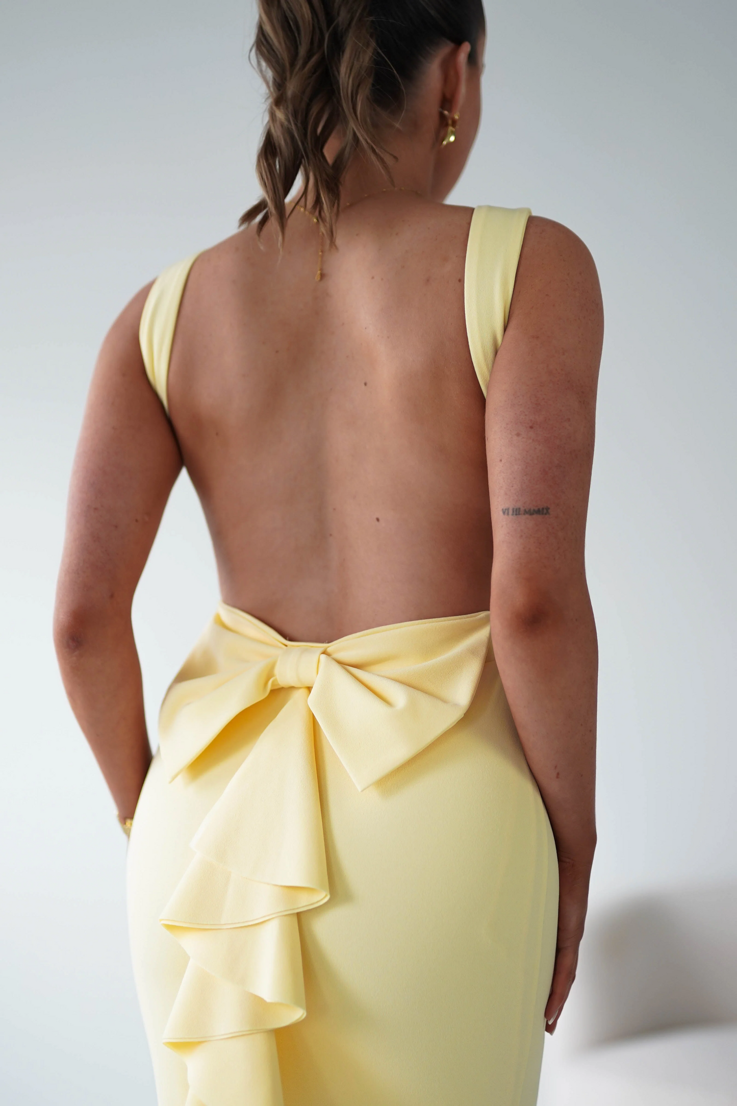 Bright Yellow Mermaid Prom Dress with Scoop Neckline and Dramatic Back Bow