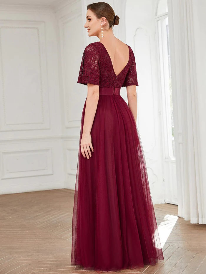 Burgundy A-line Round Neck Short Sleeve Lace Bodice Satin Waist Tulle Floor Length Bridesmaid Dress