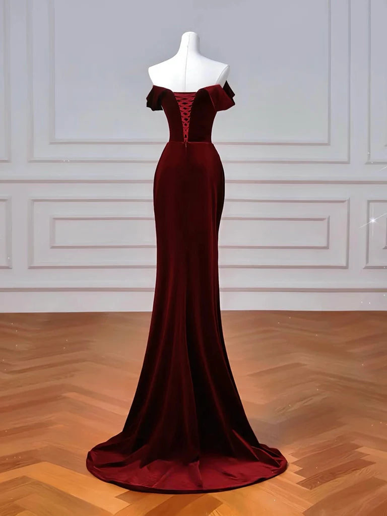 Burgundy Velvet Off-the-Shoulder Mermaid Lace-Up Back Prom Dresses