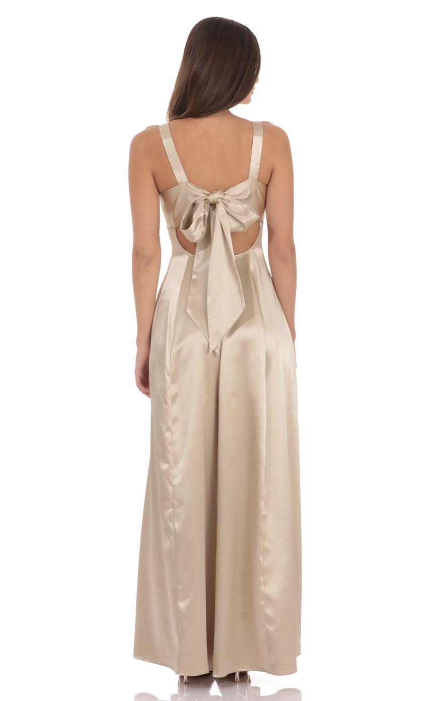 Champagne Gold Satin V-neck Wide Strap Tie-back Bow Open Back Floor-length Evening Dresses