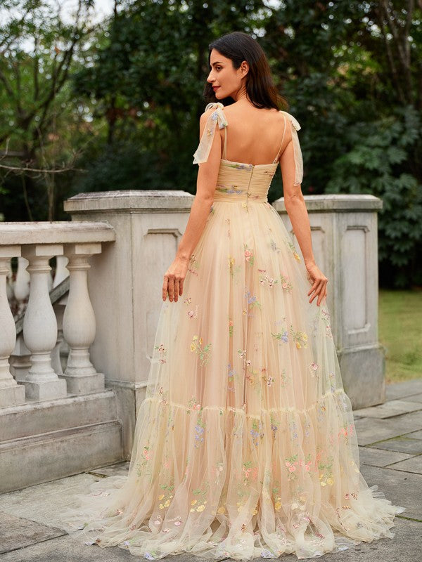 Champagne A-line Tie Spaghetti Strap Floral Embroidery Tulle Floor Length Formal Party Dress