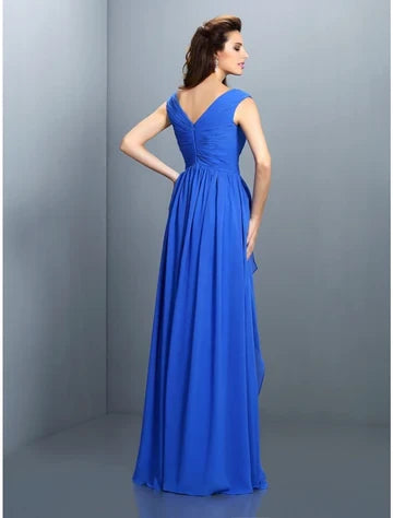 Charming Chiffon A-Line With Sleeves V-Neck Cap Sleeves V-Back Floor-Length Prom Dresses