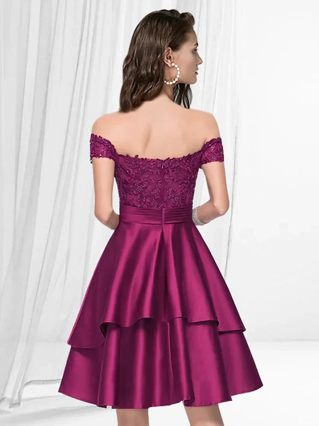 Charming Lace A-Line Off-Shoulder Short Sleeve Zipper Back Short Homecoming Dresses