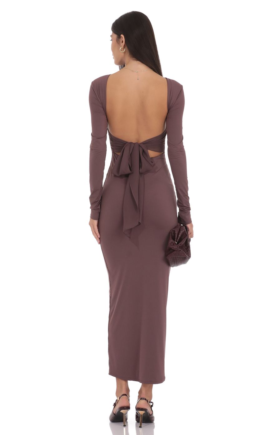 Chic Mocha Brown Jersey Evening Dress with Crew Neck, Long Sleeves & Tie-Back Open Back
