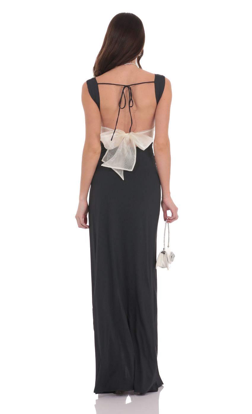 Chic Square Neck Ruched Bodice Open Back Maxi Evening Dress with High Slit & Contrast Bow