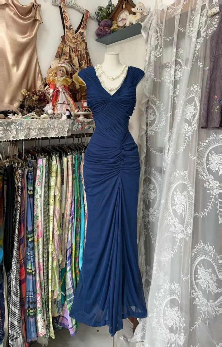 Chic Chiffon Sheath V-Neck Cap Sleeves Ruched Back Floor-Length Prom Dresses