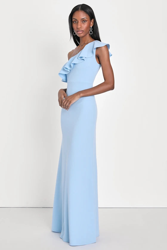 Chic Crepe Evening Dresses with One-Shoulder Neckline, Ruffle Detail and Mermaid Silhouette Formal Gown