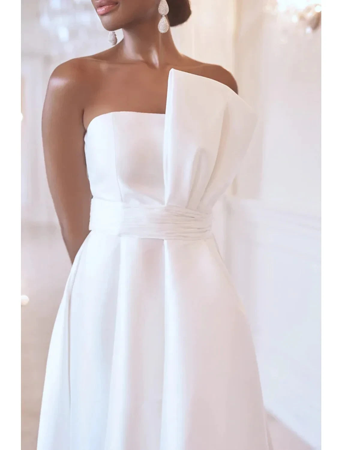Chic Satin A-Line Asymmetric Strapless Sleeveless Clean Back High-Low Evening Dresses