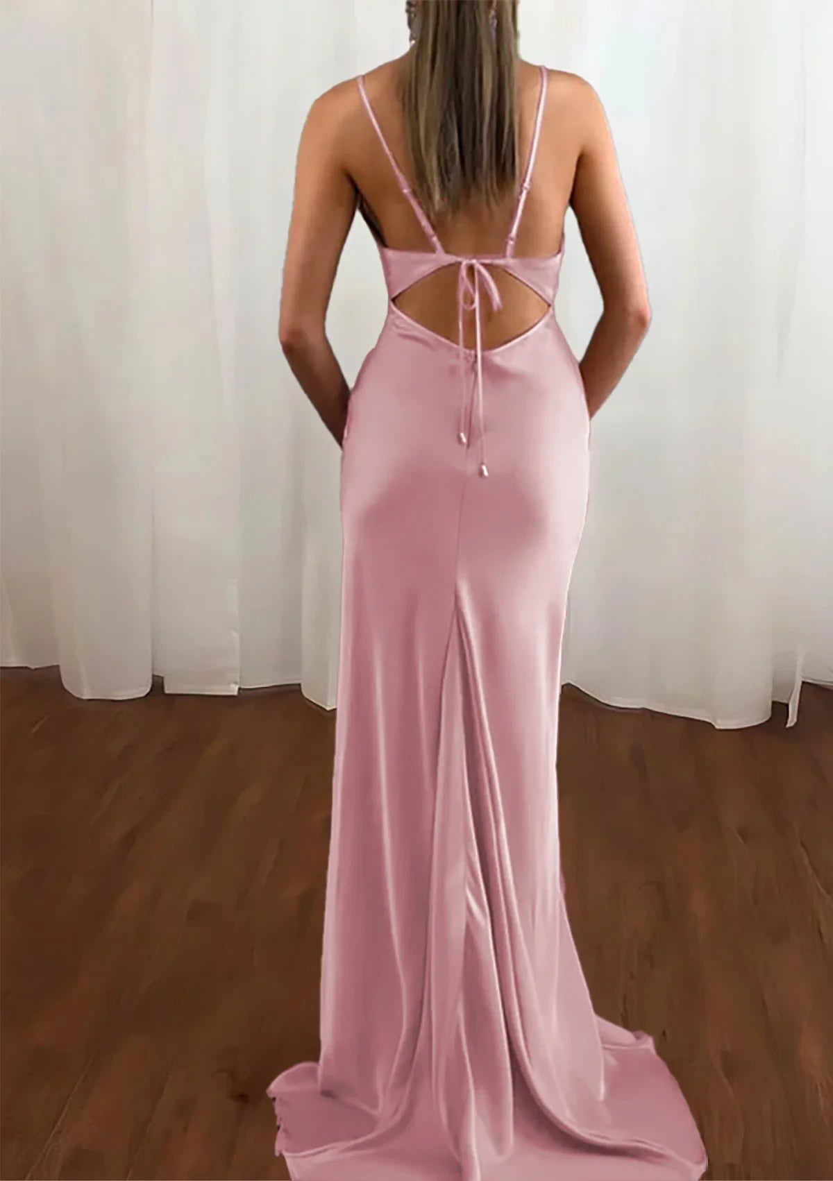 Chic Satin Mermaid Cowl Neck Spaghetti Strap Open Lace-Up Back Long Evening Dresses