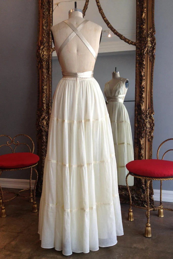 Chic V Neck Spaghetti Straps Chiffon Criss Cross Long Wedding Dresses Cheap Prom Dresses