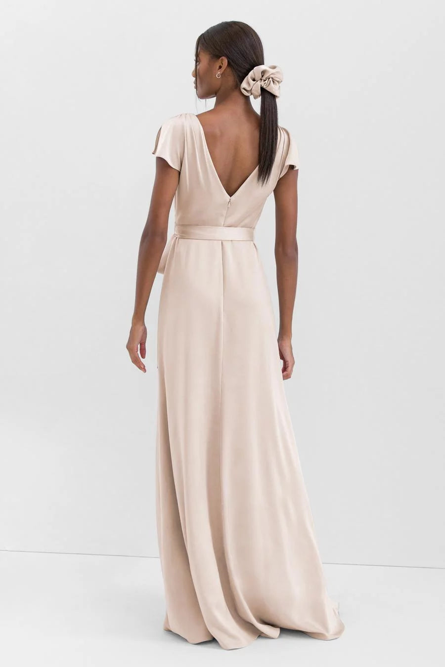 Classic Satin V Neck Flutter Sleeve Wrap-Tie Side-Slit Floor-Length Evening Dress