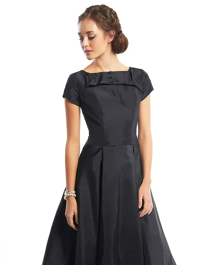 Classic Satin A-Line Boat Neck Short Sleeve Zipper Back Tea-Length Homecoming Dresses