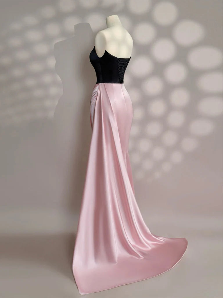 Color Block Satin Mermaid Strapless Draped Side Split Backless Maxi Prom Dress