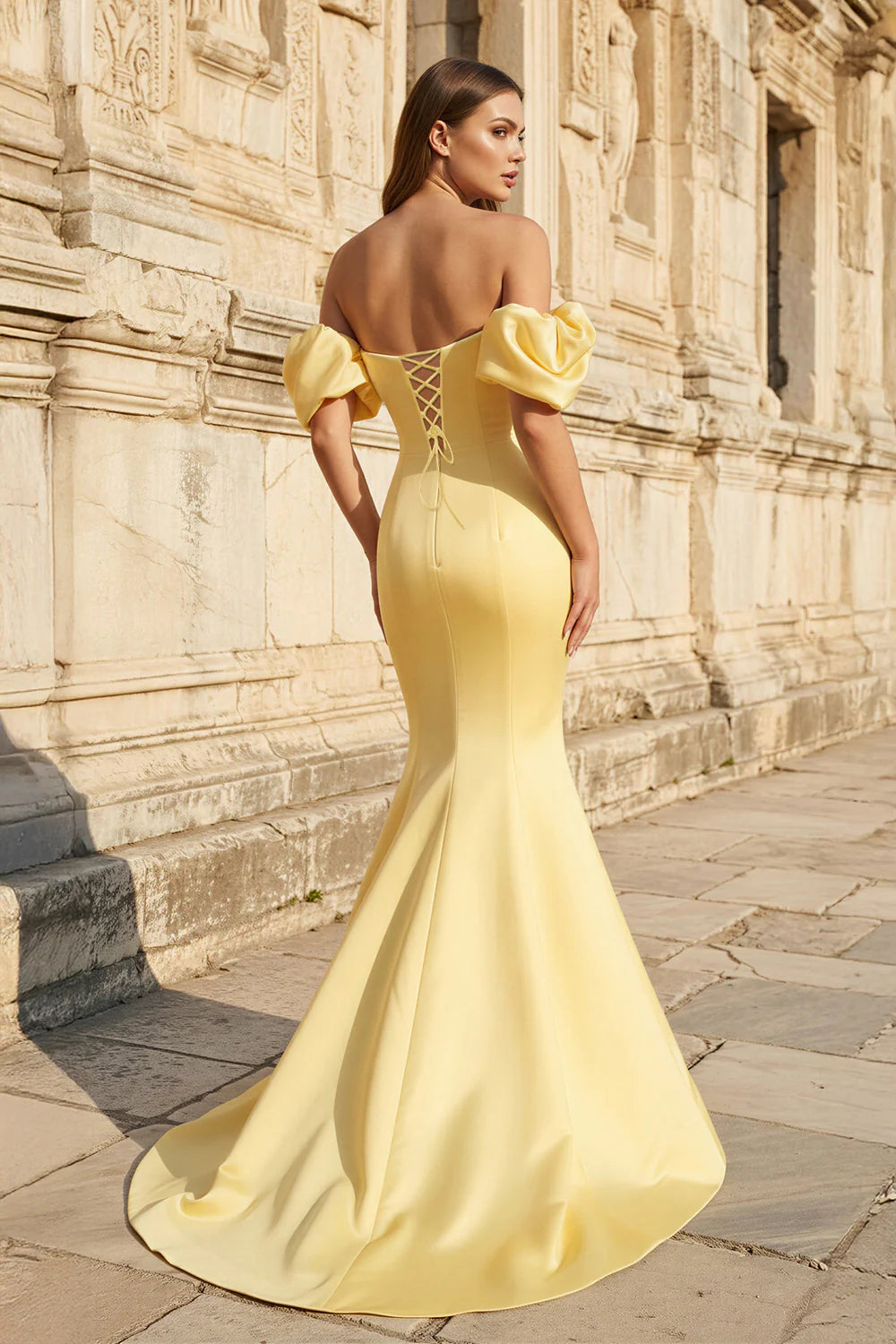 Daffodil Off Shoulder Puff Sleeve Evening Dresses Mermaid Lace Up Back Train Formal Gown