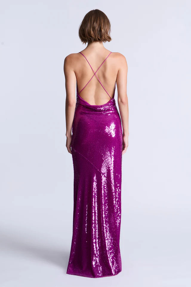 Dazzling Magenta Sequin Fitted Spaghetti Strap Cowl Neck Floor-Length Evening Dresses