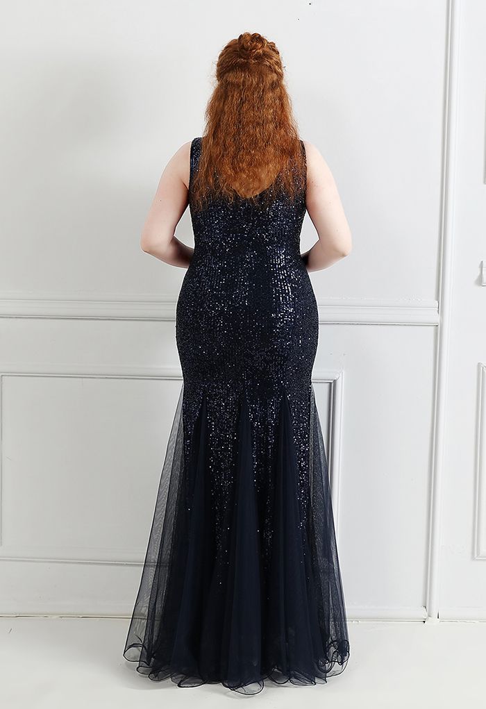 Dazzling Mermaid V Neck Sleeveless Open Back Tulle Hem Floor Length Evening Dress