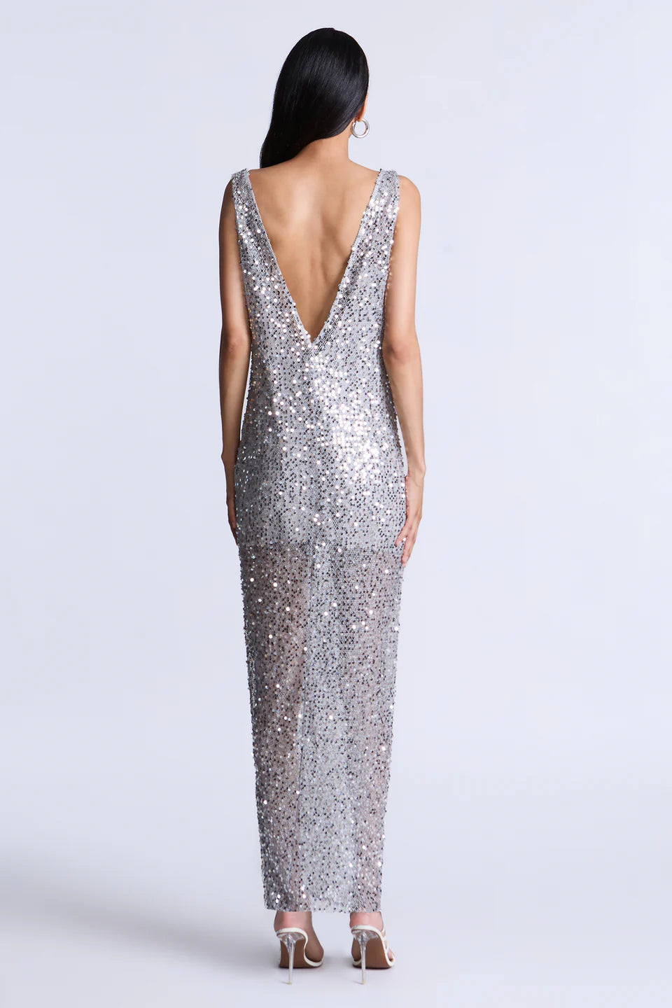 Dazzling Silver Sequin Mesh Fitted Sleeveless Boat Neck Floor-Length Evening Dresses