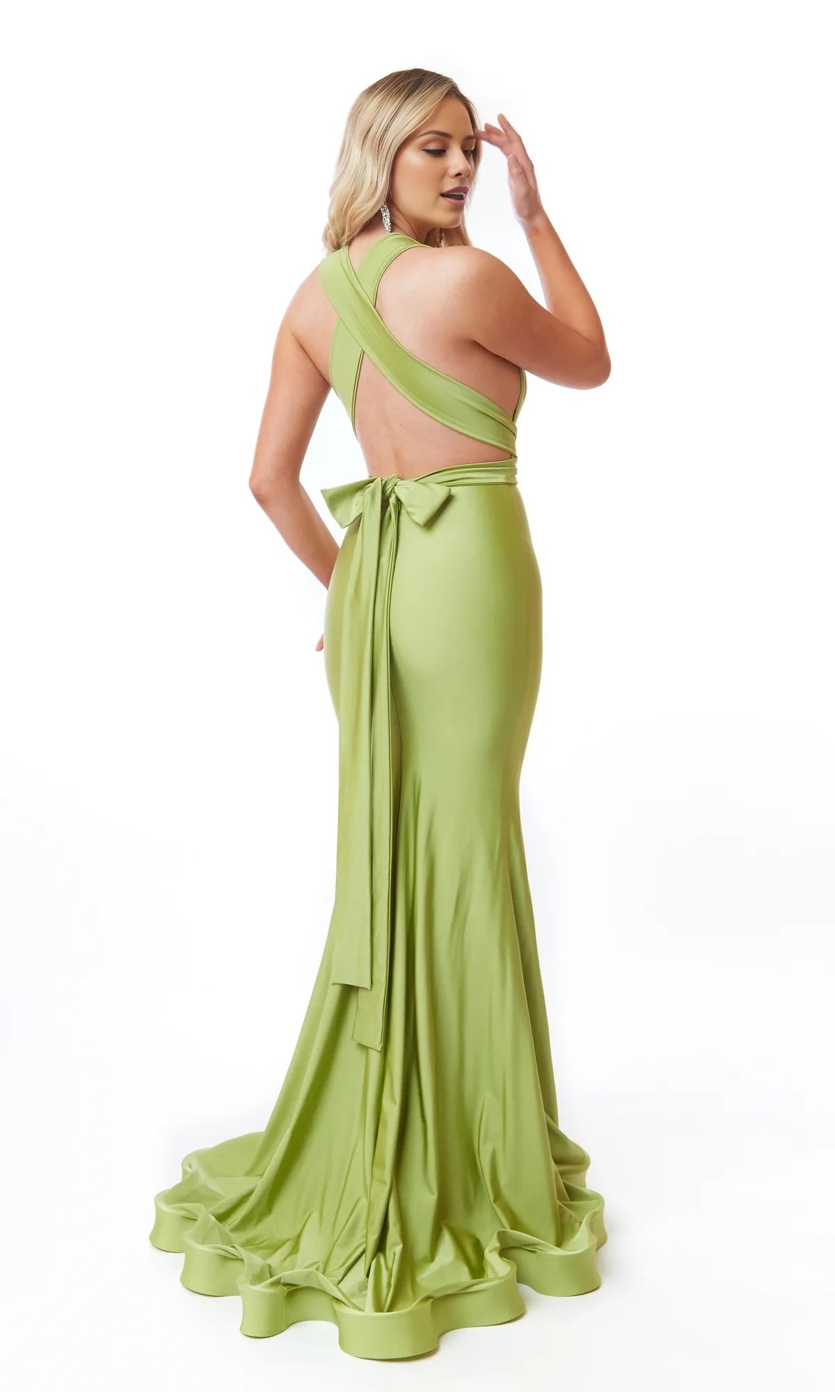 Deep V-neck off shoulder sleeveless backless side slit and floor length evening dress