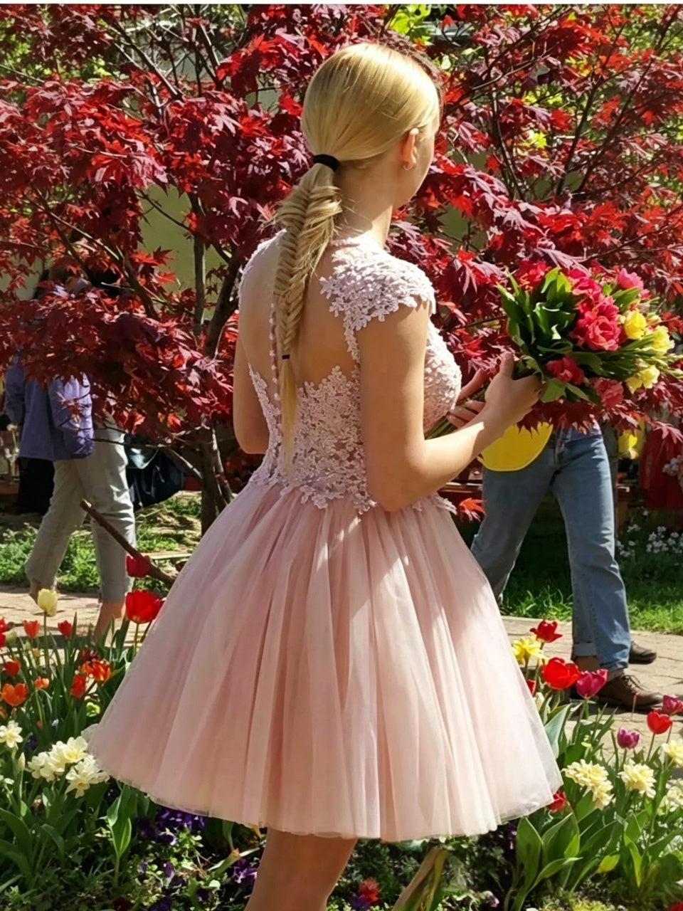 Delicate Blush Lace A-line Deep V Cap Sleeve SheerBack Mini Homecoming Dresses