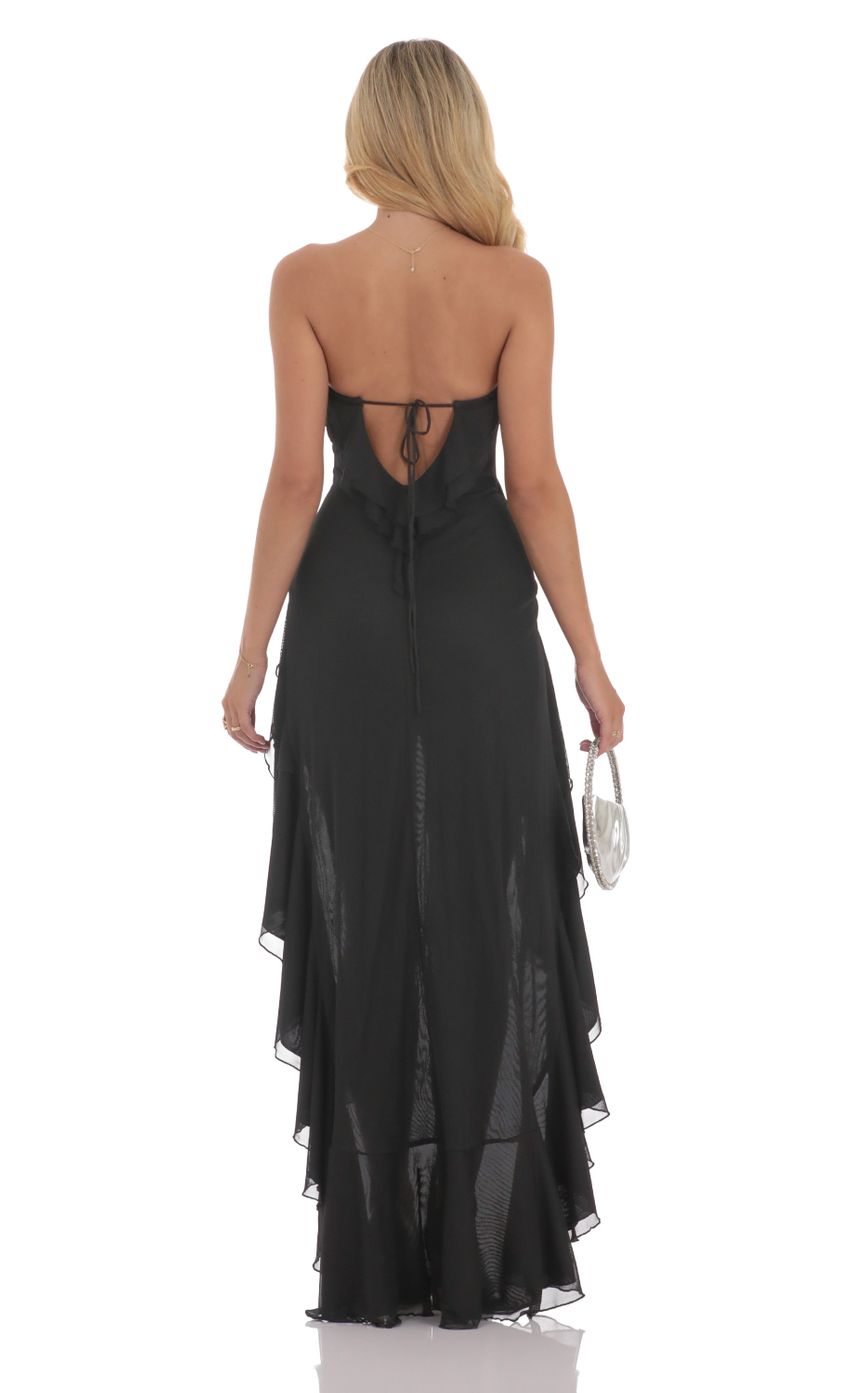Dramatic Strapless Black Chiffon Evening Dress with Ruffled High-Low Hem & Open Back